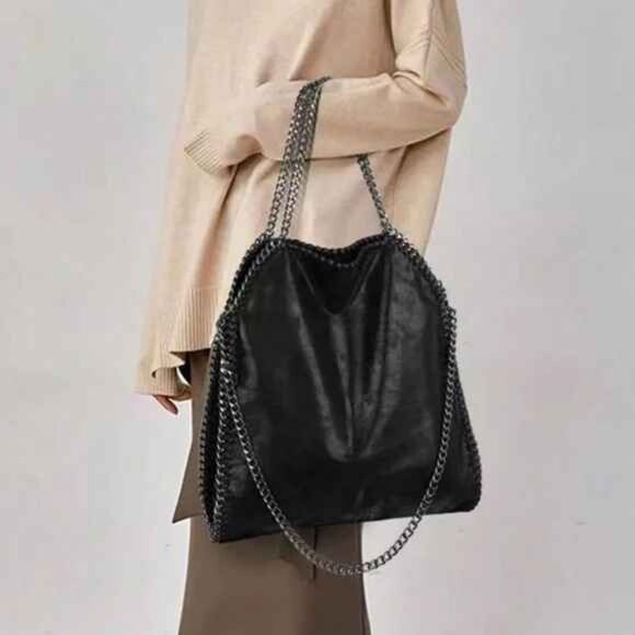 Luxe Soft Vegan Leather Chain Shoulder Tote Bag - Picture 1 of 7
